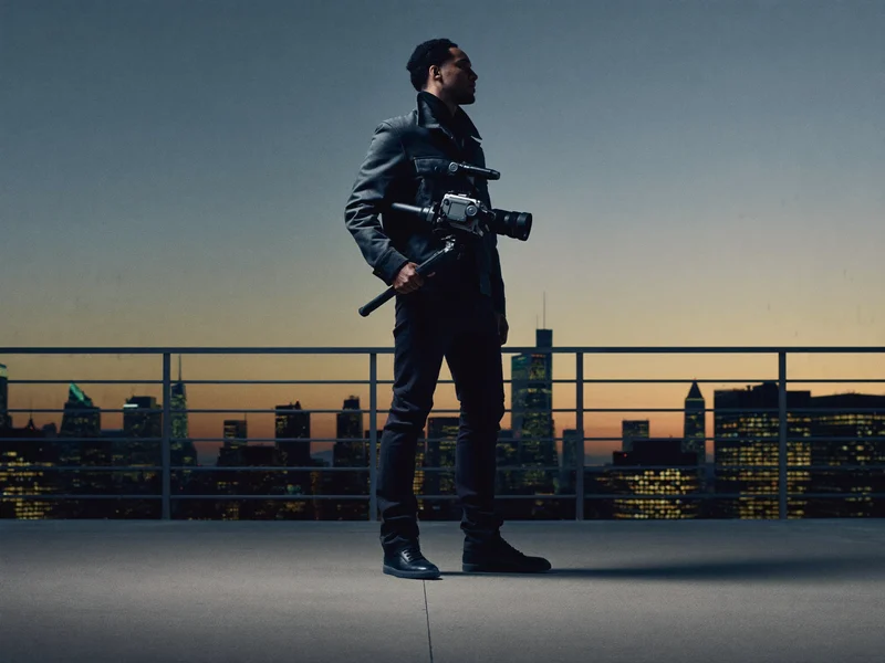 Videograf mit Gimbal-Kamera auf einem Stadtdach in der Abenddämmerung